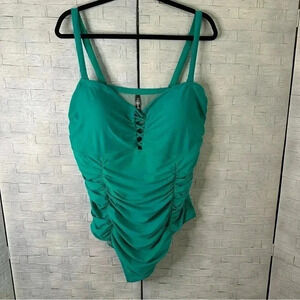 TORRID roost sides, lattice front one piece swimsuit, teal adjustable straps,